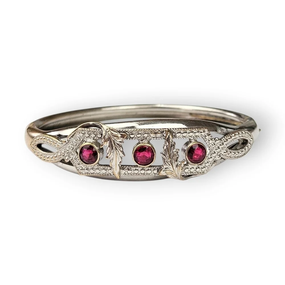 Victorian Revival Floral Cuff Bracelet Ruby Red Glass Silver Tone Vintage 7.25